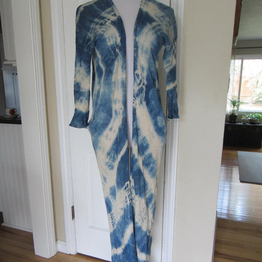DEMYLEE Linen Blue & Off-White Tie-Dye Open Front Long Cardigan – Small